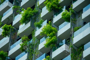 Cityscape of a residential area with modern apartment buildings,