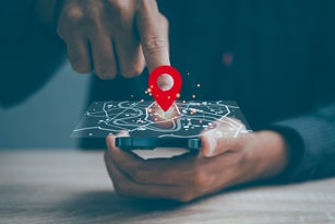 Smartphone, map, location, pin, navigation are featured in this concept showing digital wayfinding and modern GPS routing on a mobile device screen in real time.