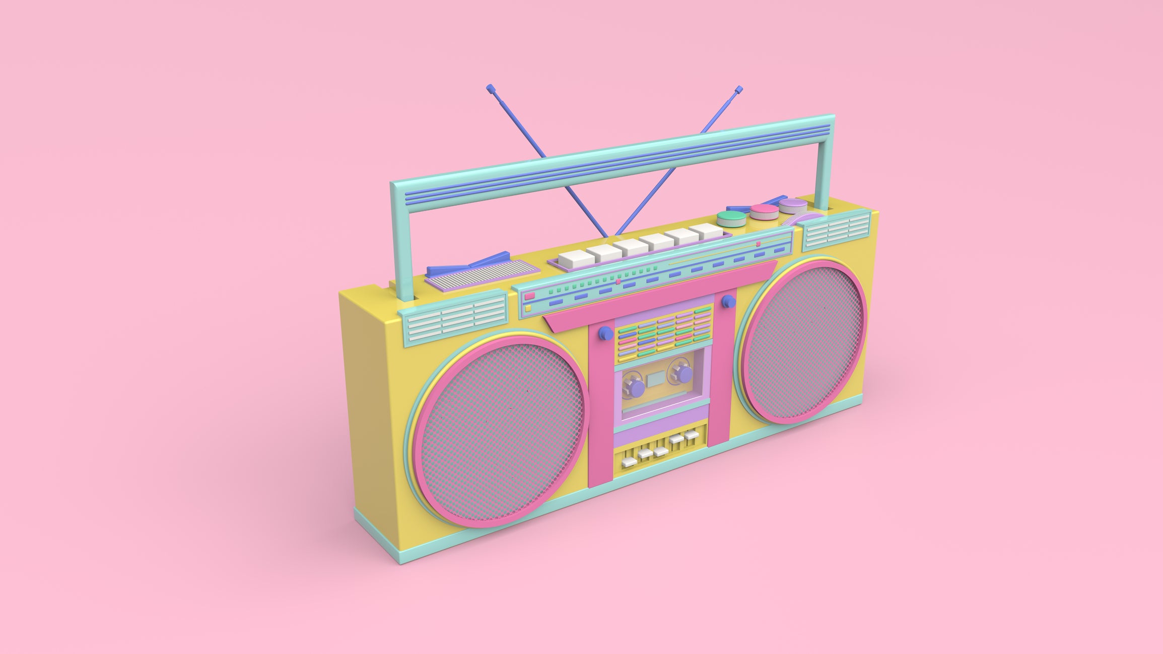 3d render illustration of music boombox. Retro 80's style. Cute and pastel colors. portable music player featuring one cassette tape recorder players and AM/FM radio,  with a carrying .