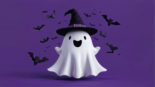 Playful Halloween Ghost in a Witch Hat with Bats on a Purple Background – Animated 3D Illustration for the Spooky Season