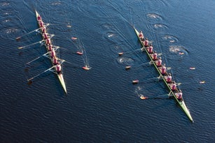 Elevated view of two rowing eights in water