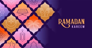 Ramadan Kareem greeting card template and wallpaper design. Modern geometric Islamic background with linear icons