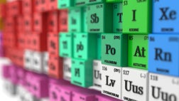 distorted periodic table concept. cubes colored by element groups. 3d illustration