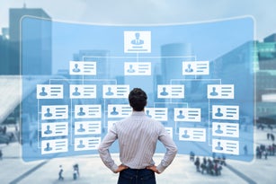 Organization chart showing hierarchy structure of teams in corporation with CEO, directors, executives and employees. Human Resources Manager working with HR organizational diagram, career concept