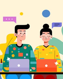 Modern office illustration with AI technology concept showing coworkers collaborating on laptops, communicating online, and analyzing data with artificial intelligence in a relaxed and productive workplace atmosphere.