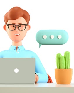 3D illustration of smiling man using laptop and working at the desk in office with coffee cup, cactus. Cartoon businessman character or freelancer chatting on the computer with speech bubble.