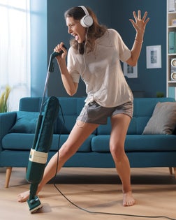 Woman cleaning up her house and singing