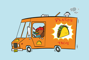 illustrated van with a platypus in the driver's seat and a taco picture on the side of it