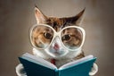 Cat in glasses holding a turquoise book and strictly looks into the camera. Concept of education