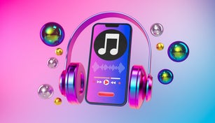 Listening to Music on a Mobile Phone, Music Player With Headphones, 3d Rendering Music Application On Smartphone.