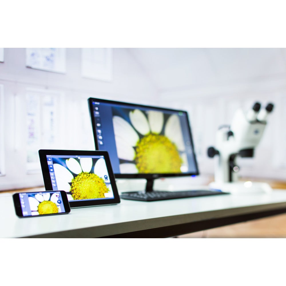 The image shows a ZEISS Stemi 305 cam with integrated camera and Labscope Imaging App.