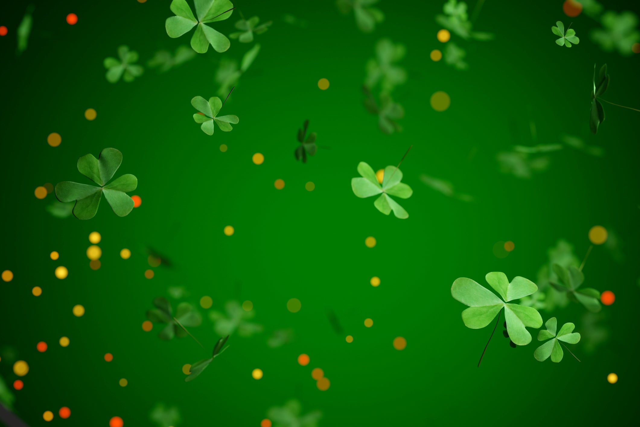 St. Patrick's Day Shamrock leaf falling with gold glitters . 3D render