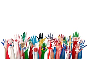 Group of Diverse Flag Painted Hands Raised
