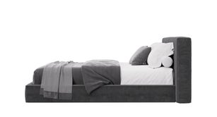 Double bed isolated on white background. Side view. Modern furniture. Grey and white bedding. Beautiful bed, contemporary style. 3D rendering.