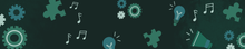 A pattern of gears, music notes, puzzle pieces, and light bulbs