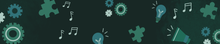 A pattern of gears, music notes, puzzle pieces, and light bulbs