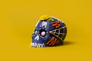 Sugar skull for the day of the dead with yellow background