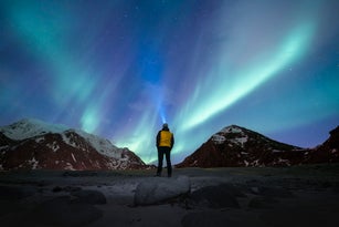 Person admiring the Northern Lights (aurora borealis) in Lofoten, Norway