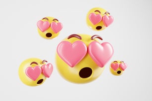 3d rendering Heart shaped pink eyes of many emojis cartoon character icon That represents love For use at Valentine's Day White background and isolated