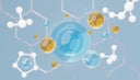 3d render of simple chemical bond in side cell or molecules. The associated of atoms, ions, bond and molecules. Liquid drop bubble background. Covalent bond. Biochemical interaction.
