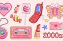 Trendy Y2K group of nostalgic retro objects, 2000s mobile phone, audio cassette, sweets and lollipops, gamepads, lipstick, hearts and butterfly.