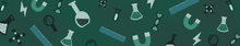 A pattern of magnets, DNA strands, magnifying glasses, beakers, and similar science-related items