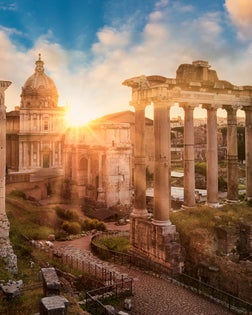 Temple of Vespasian and Titus and Church of Santi Luca e Martina at Forum Romanum at sunrise, Rome, Lazio, Italy