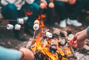 Closeup of friends roasting marshmallows over the bonfire