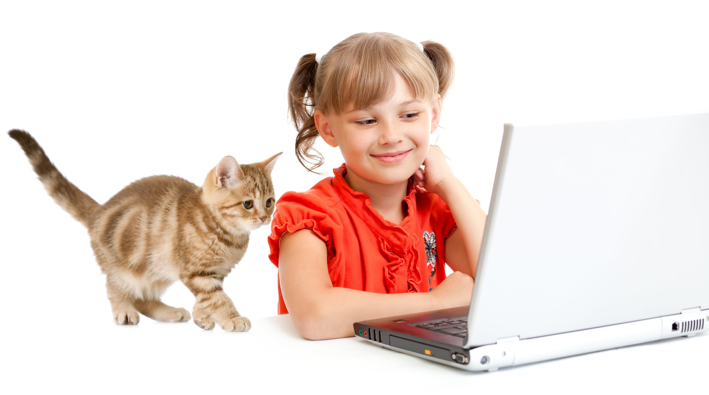 smiling schoolgirl sitting at notebook with kitten