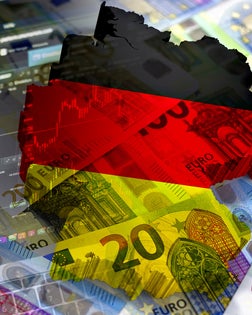 Map and flag of Germany, cash euro banknotes and stock market indicators