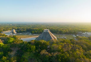 Aerial of Mayan Pyramids and ruins of Chichen Itza