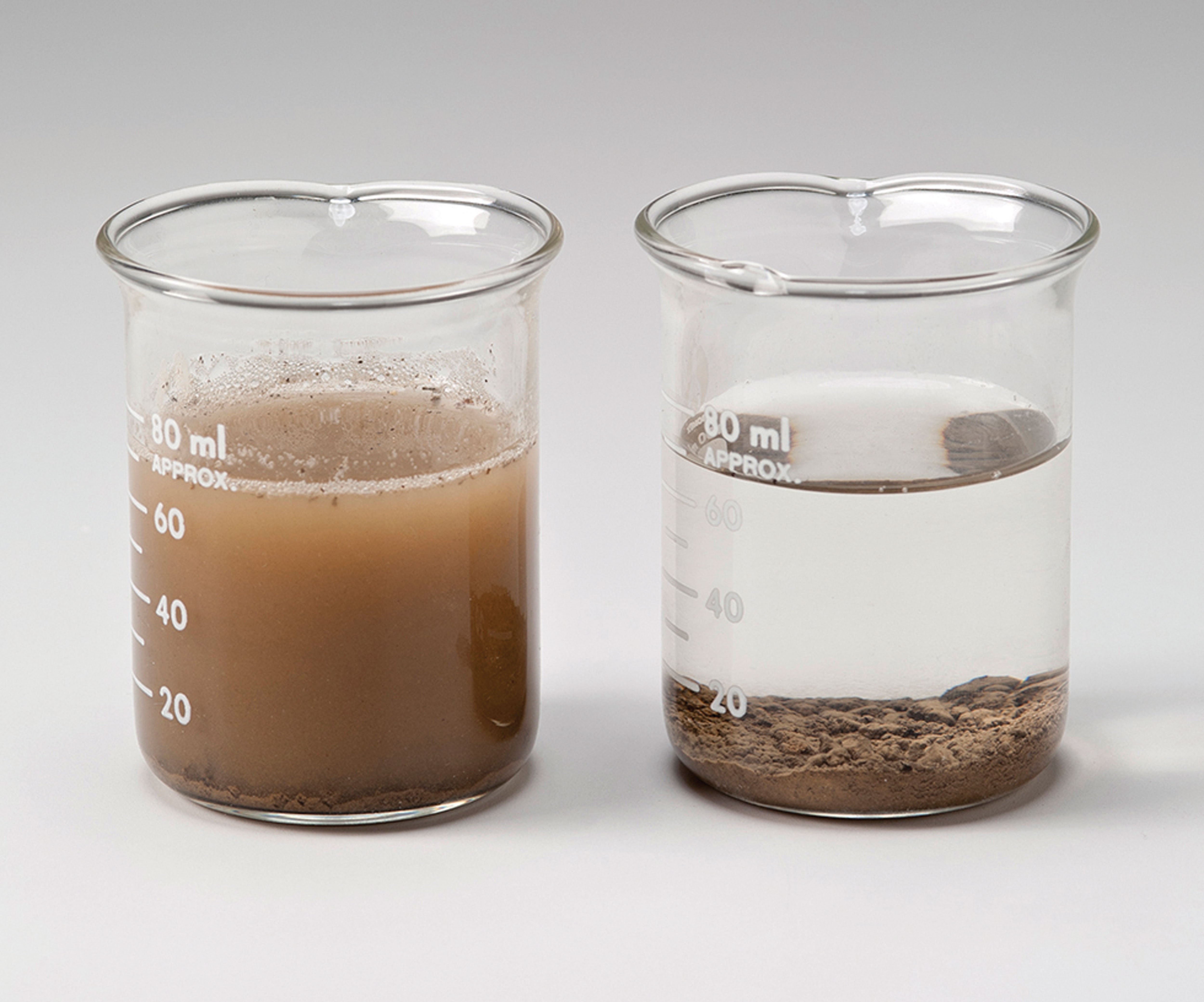 Two images of beakers with suspension mixtures.