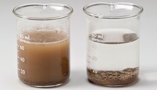 Two images of beakers with suspension mixtures.