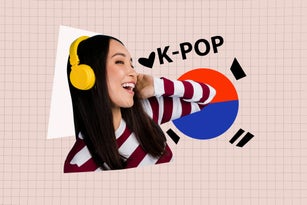 Composite image montage trend artwork collage of portrait young lady smile headphones listen music kpop asia traditional national element
