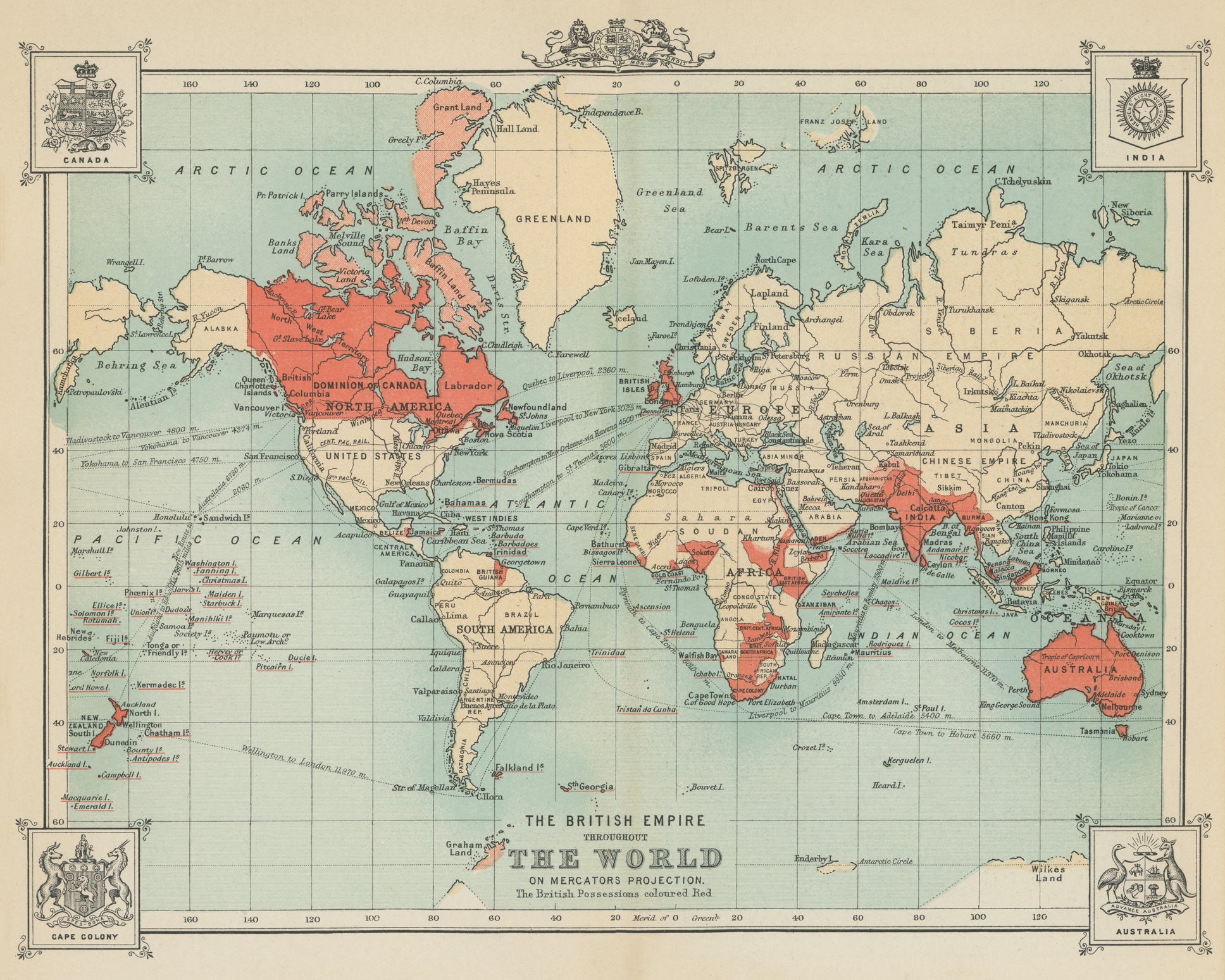 Old chromolithograph map of the British Empire through the World