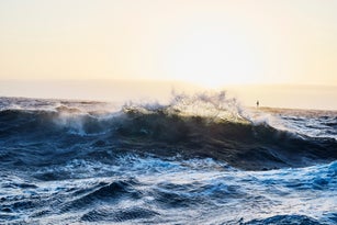 Wide shot seabirds flying over crashing waves in the Drake Passage