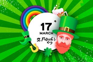 Happy St. Patricks day Greeting card in paper cut style. Leprechaun. Shamrock leaf clovers, Irish elf hat. Spring party. Religious holiday. Rainbow. Irish beer. Circle frame for text.