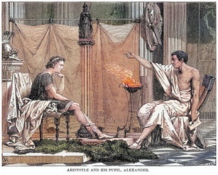 Old engraved illustration of Aristotle (Greek philosopher and polymath) teaches Alexander The Great