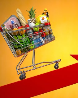 Inflation, growth of food sales, growth of market basket or consumer price index concept. Shopping basket with foods on arrow.