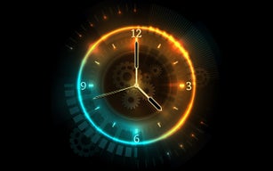Glowing analog clock with visible gears against a dark background