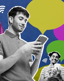 Collage of group of  people using smart phones in city