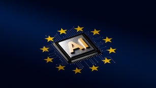 Digital Sovereignty: Conceptual AI Chip Resting on the European Union Flag