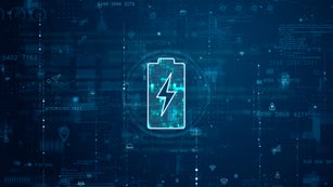 Blue digital battery logo and futuristic circle HUD with big data processed on grid line background and technology ai icon screen abstract background power reserve concepts