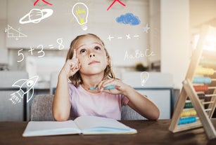 Child, thinking and homework with light bulb for learning math, numbers and creative ideas or solution at home. Girl or kid with school book and education doodle, brainstorming or imagination overlay