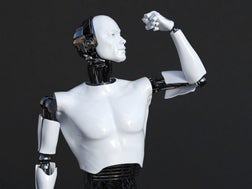 3D rendering of male robot flexing his bicep muscle