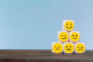 Emoticon icons face on Wooden Cube , Costumer service concept