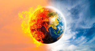 Concept illustration Global warming around the world is about to be burned by human hands (3D image)