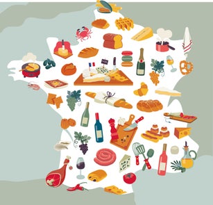 France map, with french food. Bakery, bread, croissant, wine and cheese.