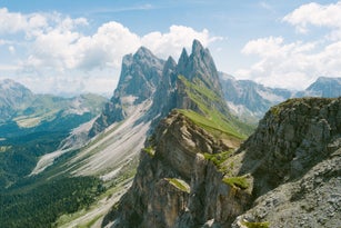Seceda Mountain peak, aerial view. Dolomites Alps, Italy