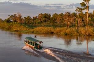 Passenger transport - speed boat at sunrise in the Amazon